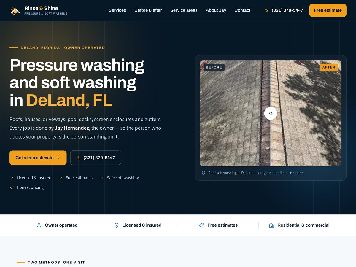 Homepage of the Rinse & Shine pressure washing website